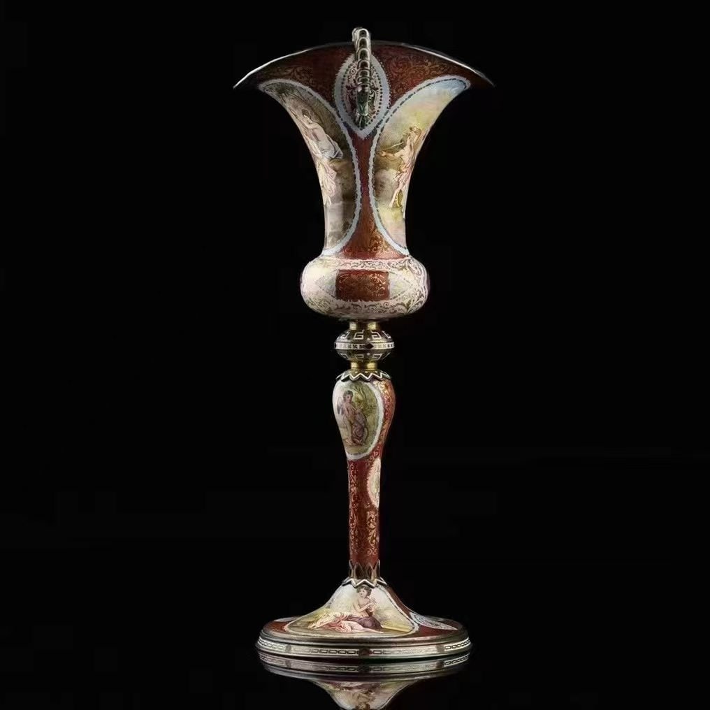Imperial Viennese Silver & Miniature Painted Enamel Tall Twin-Handled Goblet - 2