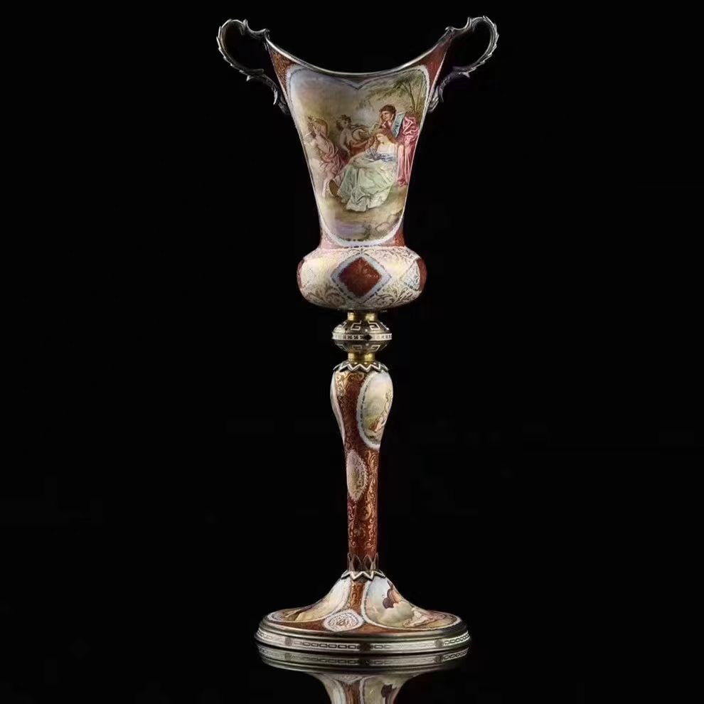 Imperial Viennese Silver & Miniature Painted Enamel Tall Twin-Handled Goblet - 3