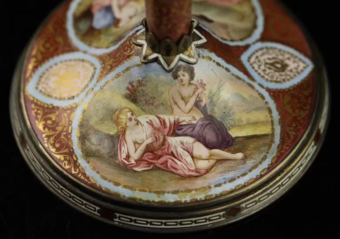 Imperial Viennese Silver & Miniature Painted Enamel Tall Twin-Handled Goblet - 8