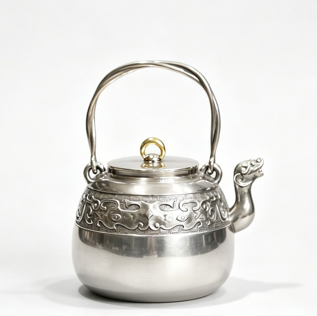 A Pure Silver Kettle with Archaic Kui-Dragon Band and Beast Spout, Marked Zangliu Ju (1 of 2)