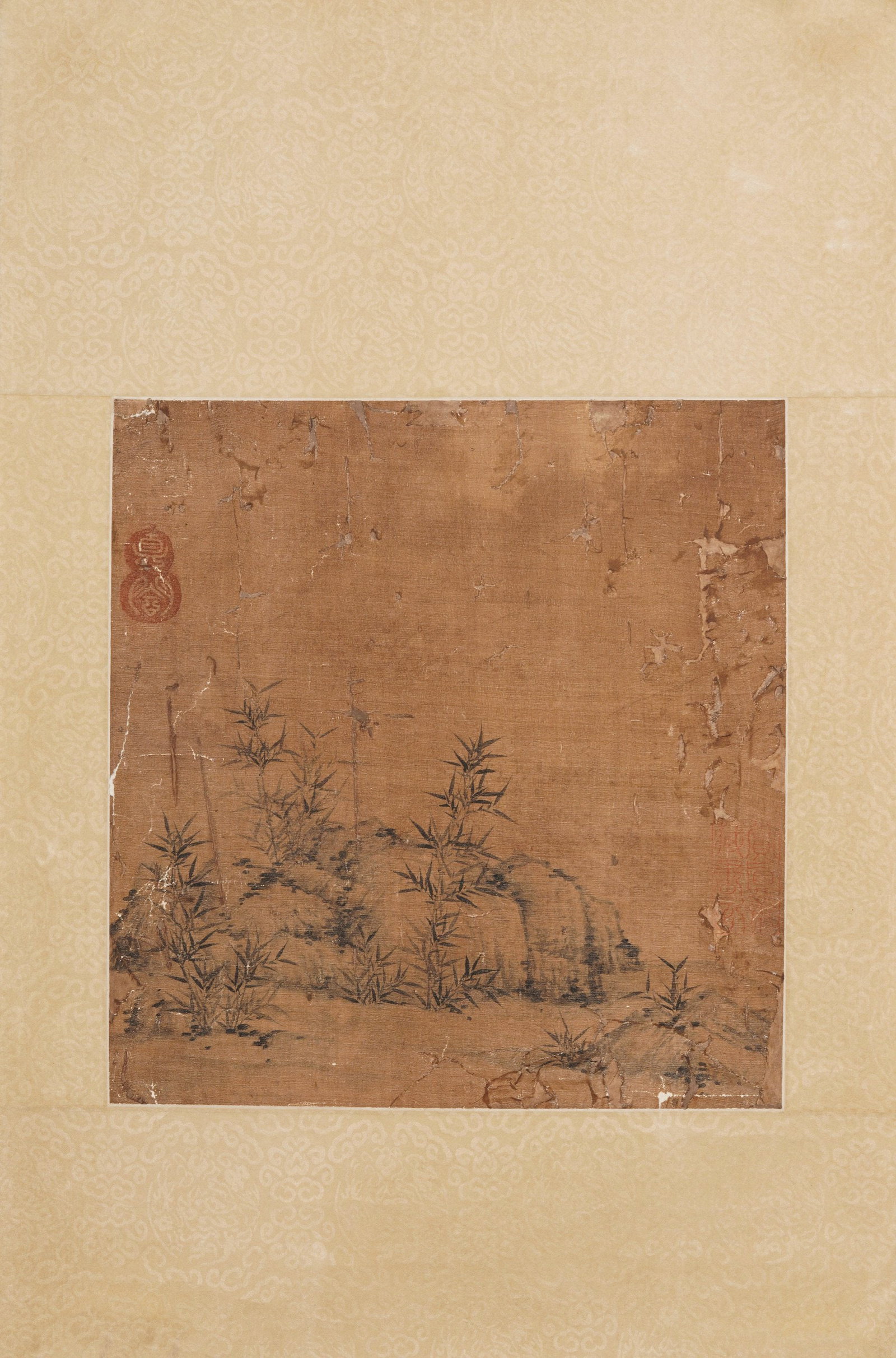 Antique Silk Ink Bamboo Square Leaf: L:31cm W:29cm Ming minimalist ink-on-silk square leaf of slender bamboos and scholar rocks, painted in restrained literati freehand style. Stamped with an imperial appreciation seal on the upper left,