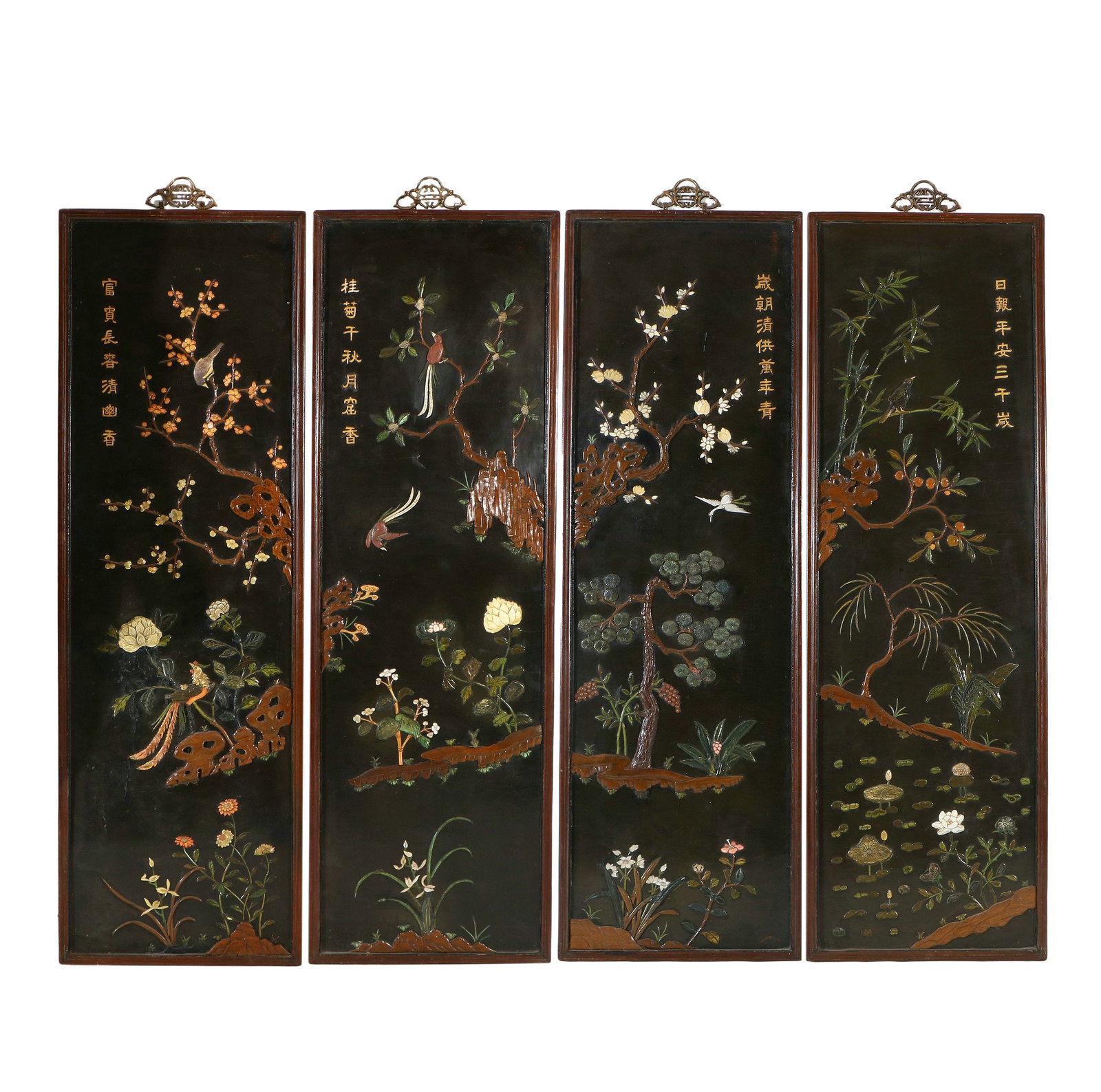 Four-Panel Lacquer Hundred Treasures Bird & Flower Screens (1 of 1)