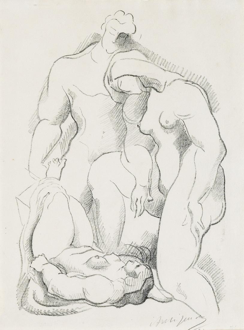 ALEXANDER ARCHIPENKO, Three Figures, One in Repose: Lithograph. Edition of 100. Signed in pencil, lower right. Published by Goltz-Verlag, Munich. From Der Ararat. Date of Work: circa 1921 Dimensions: 265x182 mm; 10 1/2x7 1/4 inches, full margins. Catal