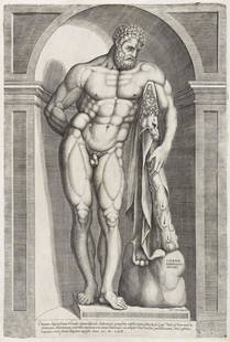 JACOBUS BOS, The Farnese Hercules.: Engraving. Cardinal's hat (?) in a circle watermark. Published by Antonio Salamanca and Antonio Lafreri, Rome. From "Speculum Romanae Magnificentiae." 1562 450x301 mm; 17 3/4x12 inches, small