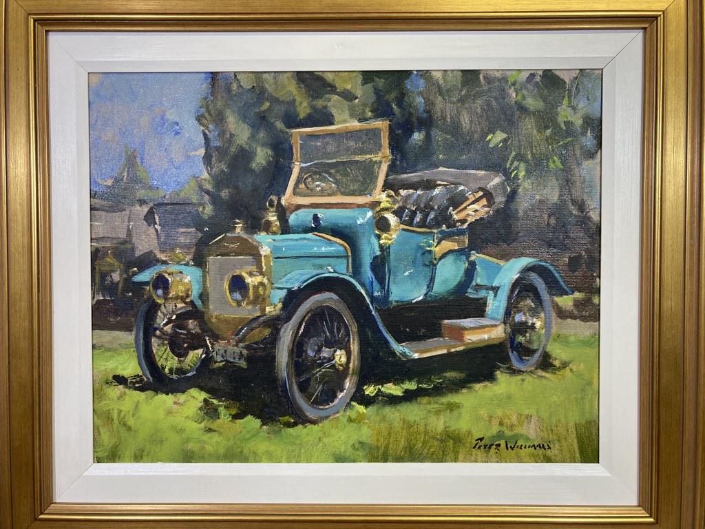Old Turquoise Car oil on canvas, site size 14x18,: framed size 20x24 est. $2200