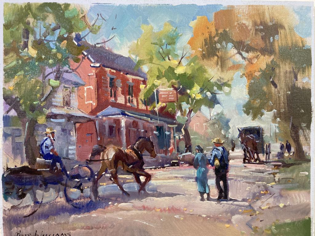 Amish Village oil on canvas mounted on board,: Amish Village oil on canvas mounted on board, 13 1/2 x 17 1/4 unframed