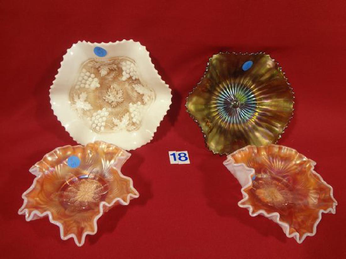 (4) CARNIVAL GLASS BOWLS: (2) MARIGOLD 6 IN. PETAL FAN: (2) MARIGOLD 6 IN. PETAL FAN DUGAN RUFFLED BOWLS, GREEN 7 1/2 IN. SMOOTH RAYS BOWL & CUSTARD 7 1/2 IN. GRAPE & CABLE BOWL - VG