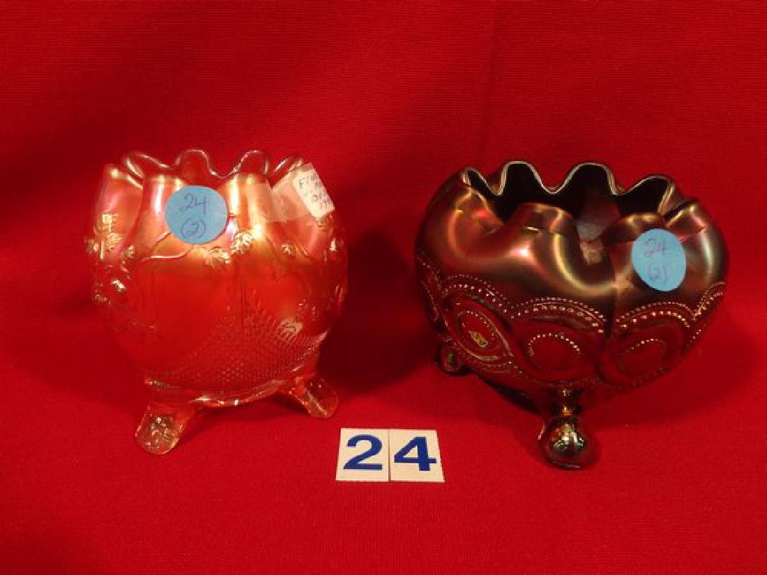 (2) CARNIVAL GLASS ROSE BOWLS: BLUE BEADED CABLE BOWL & (1 of 1)