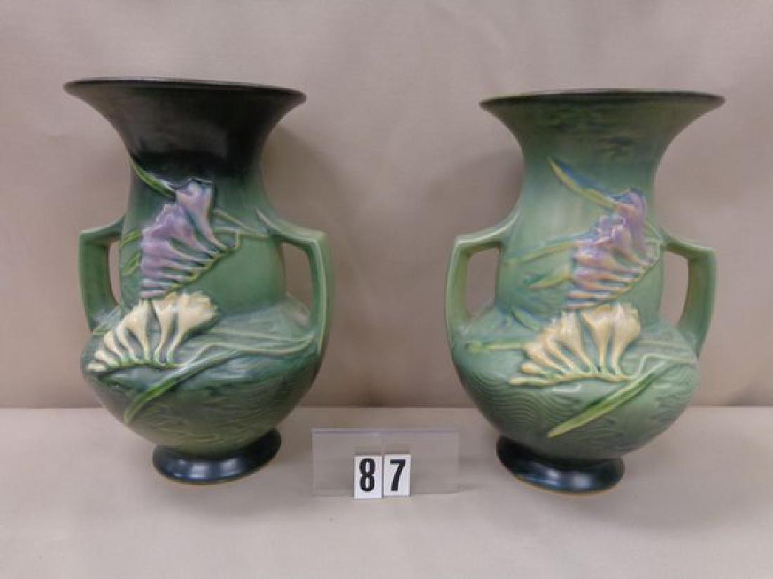 PAIR OF ROSEVILLE 8 IN.  FREESIA TWO HANDLED VASES #122 (1 of 4)