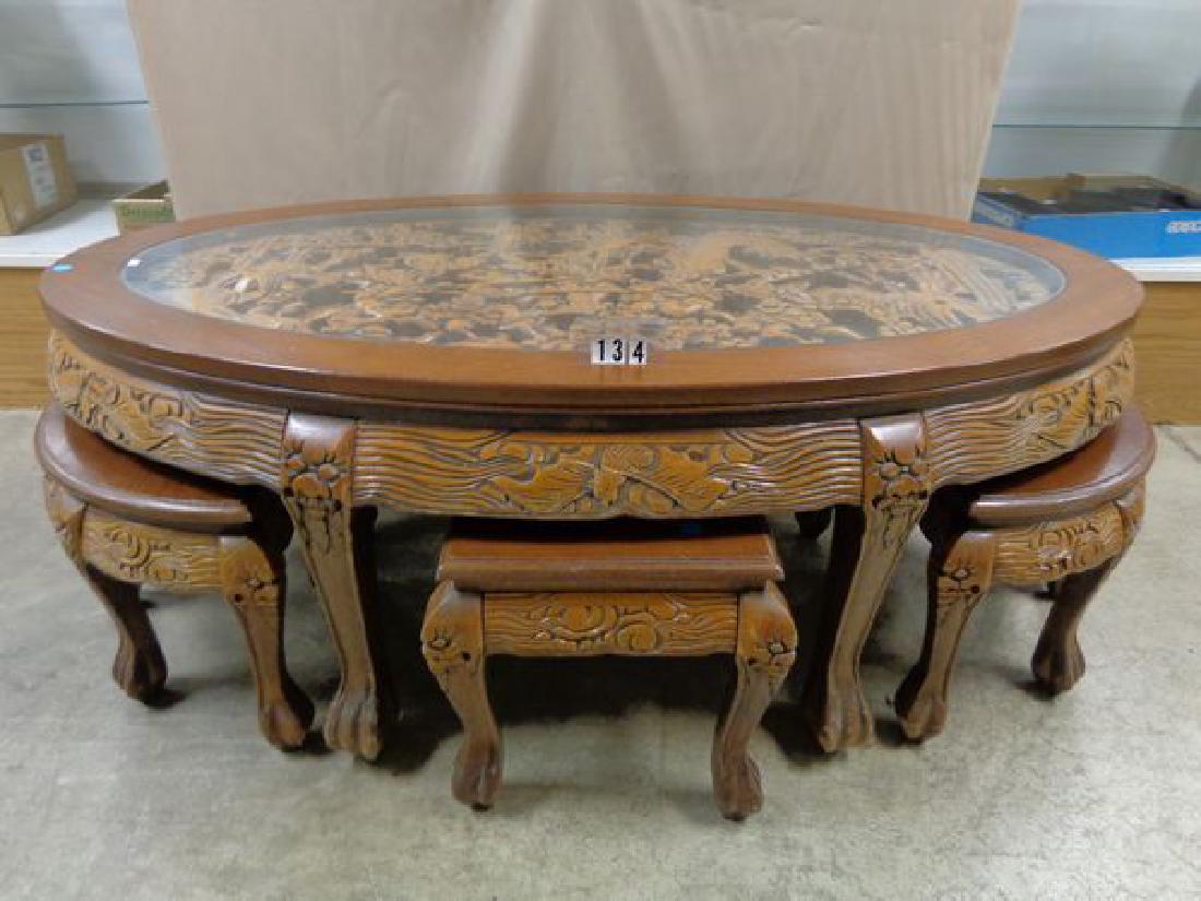 LARGE CARVED ORIENTAL TEA TABLE WITH (6) CARVED STOOLS, (1 of 4)