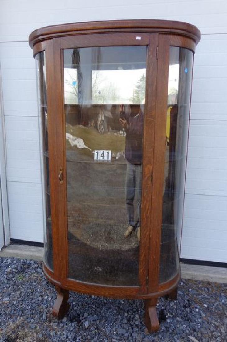 OAK BOWFRONT CHINA CLOSET WITH BOW GLASS ENDS, MIRROR (1 of 3)