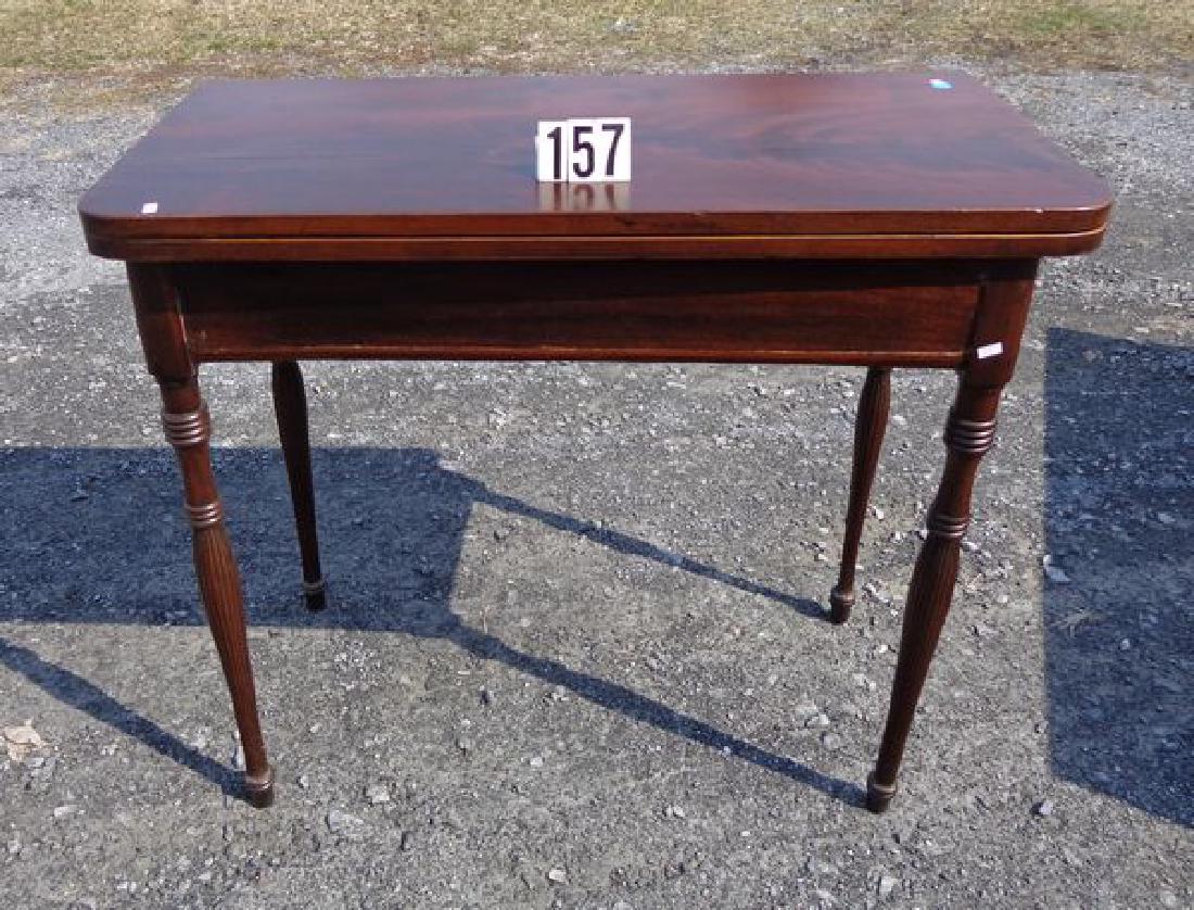 ANTIQUE SHERIDAN BURLED MAHOGANY FLIP TOP TABLE - GOOD (1 of 2)