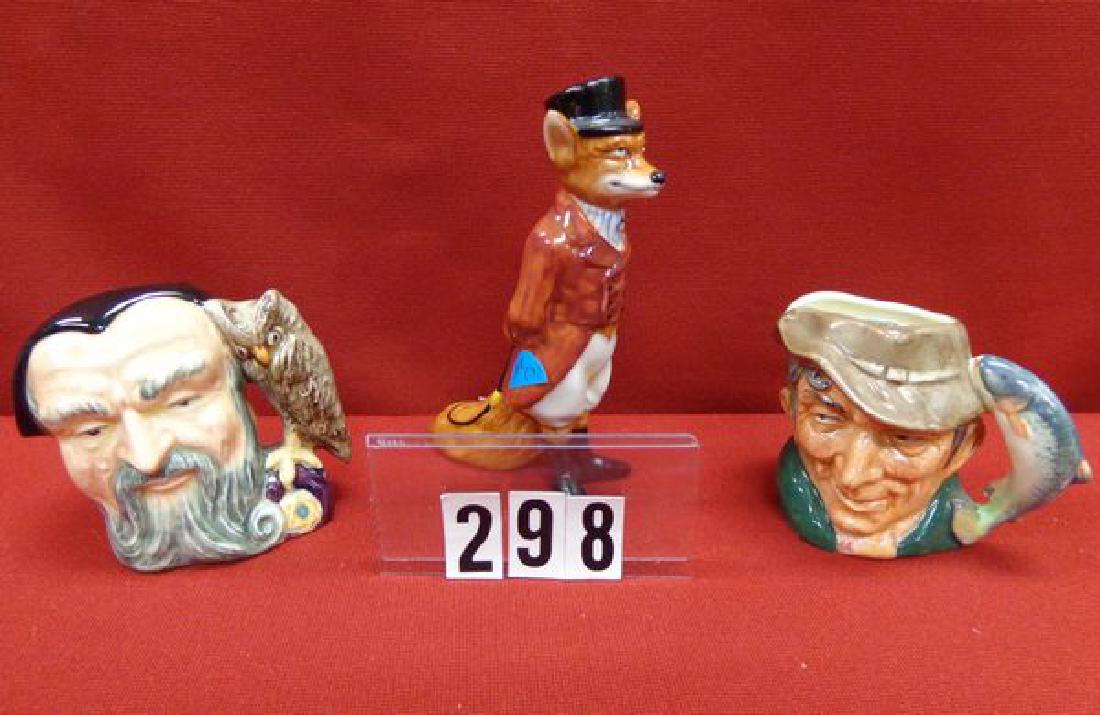 ROYAL DOULTON FOX #D6448 & A ROYAL DOULTON TOBY MUG: TOBY MUG 'THE POACHER' #D6515 & A ROYAL DOULTON TOBY MUG 'MERLIN' #D6543