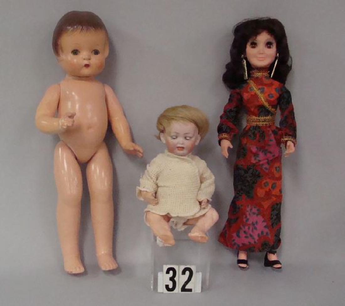 KLEY & HAHN 10 1/2 IN. BISQUE HEAD CHARACTER: BABY 161/1 WITH SLEEP EYES, NEW WIG, NO DAMAGE TO BISQUE, FIVE-PIECE BENT LIMB COMPO DOLL, TOES ON RIGHT FOOT ARE PARTIALLY RESTORED, EFFANBEE 19 IN. PATSY ANN, HAIR REPAINTED, BODY WITH SOME REPAINT,