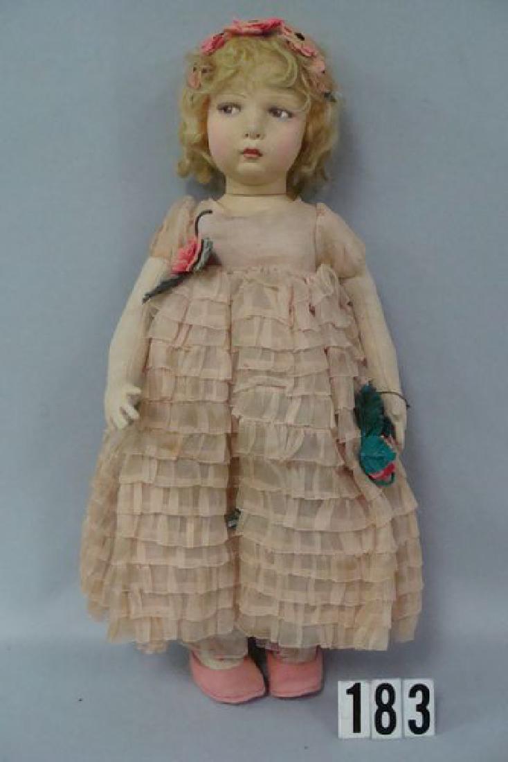 LENCI 24 IN. 109 ALL FELT DOLL: WITH BLONDE HAIR, FACE IS CLEAN WITH OVERALL LIGHT WEAR, ORIGINAL DRESS WITH APPLIQUED FLOWERS, ORIGINAL UNDERGARMENTS, LIGHT SOILING, NO RIPS OR TEARS, ORIGINAL SOCKS & SHOES - GOOD/VERY GOOD