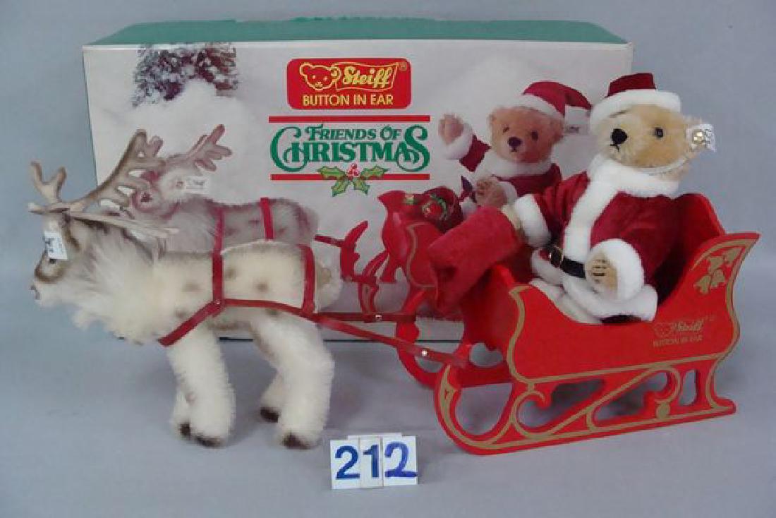 STEIFF SANTA IN SLEIGH WITH MOHAIR REINDEER: N.MT WITH ORIG. BOX THAT SHOWS SOME WEAR AT BASE - VERY GOOD