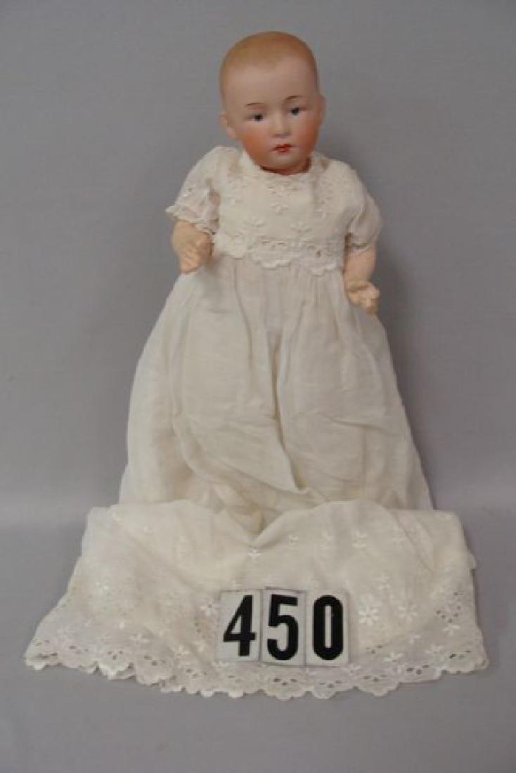 HEUBACH 10 IN. BISQUE HEAD BABY,: MOLDED SOLID DOME HEAD WITH PAINTED HAIR, INTAGLIO EYES, NO DAMAGE TO BISQUE - BODY IS GOOD