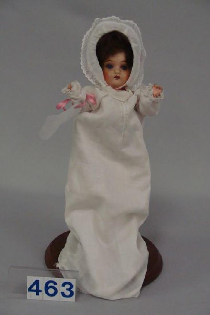 CUNO OTTO DRESSEL 8 IN. PAINTED BISQUE: HEAD TODDLER WITH SLEEP EYES, OPEN MOUTH WITH TWO TEETH, TODDLER BODY, MARK: CROSS WITH DOT IN CENTER LOGO, ORIGINAL BROWN MOHAIR WIG, VINTAGE GOWN WITH BONNET, NO DAMAGE - VERY GOOD