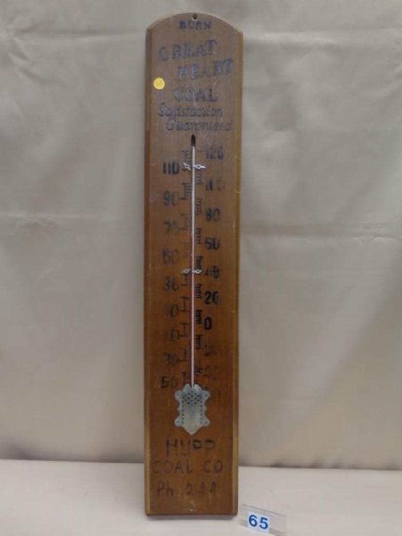 OLD WOODEN ADVERTISING THERMOMETER: 'BURN GREAT HEART COAL' - HUPP COAL CO. PH 244, 7 IN. X 36 IN. - GOOD