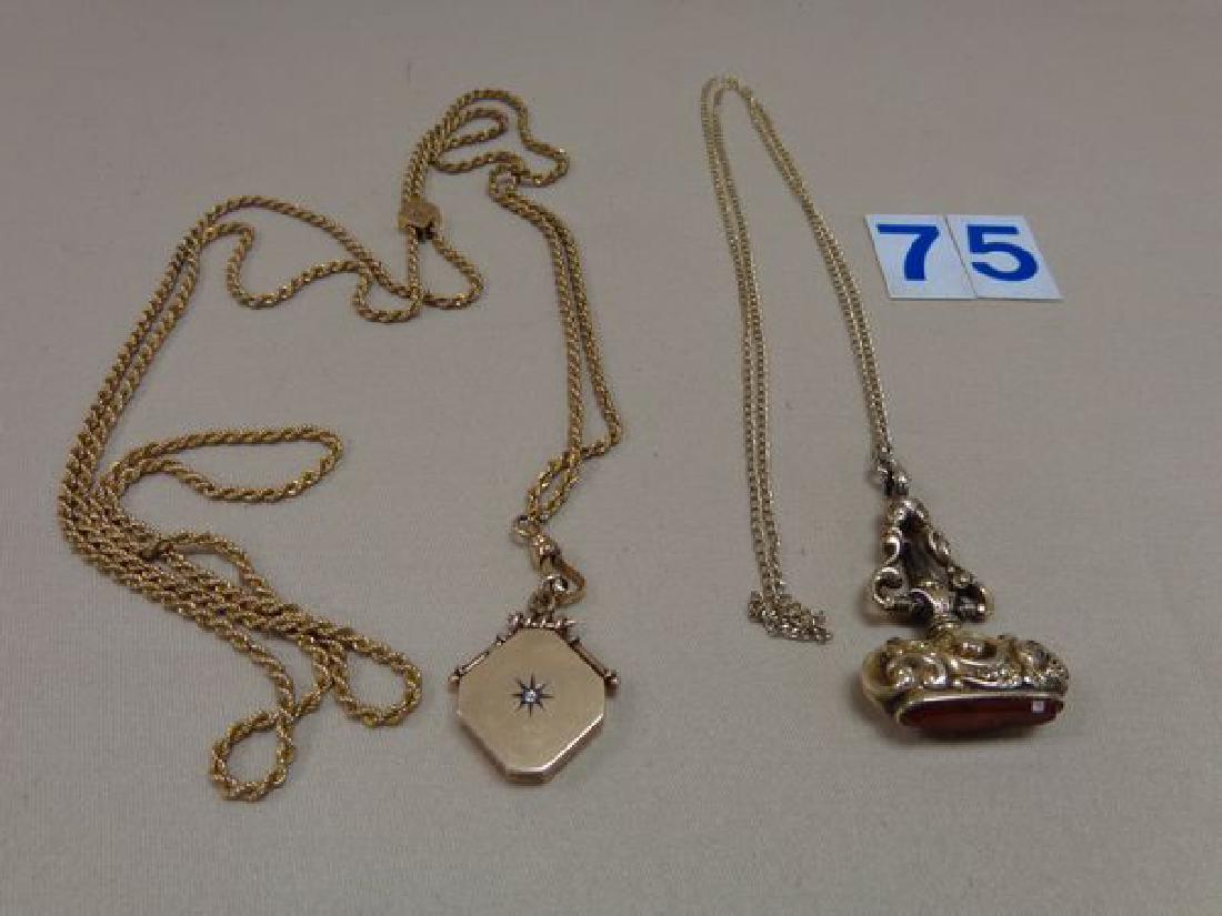 LADIES WATCH FOB (CARMELIAN STONE): WITH CHAIN, A LONG POCKET WATCH CHAIN WITH LOCKET (GOLD FILLED) & A SLIDER - GOOD