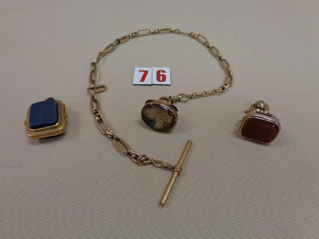 MAN'S POCKET WATCH CHAIN WITH FOB: & (2) OTHER FOBS, ONE WITH GRAY STONE THAT OPENS UP TO HOLD A PICTURE AND ONE WITH INITIALS ON A CARNELIAN STONE - GOOD