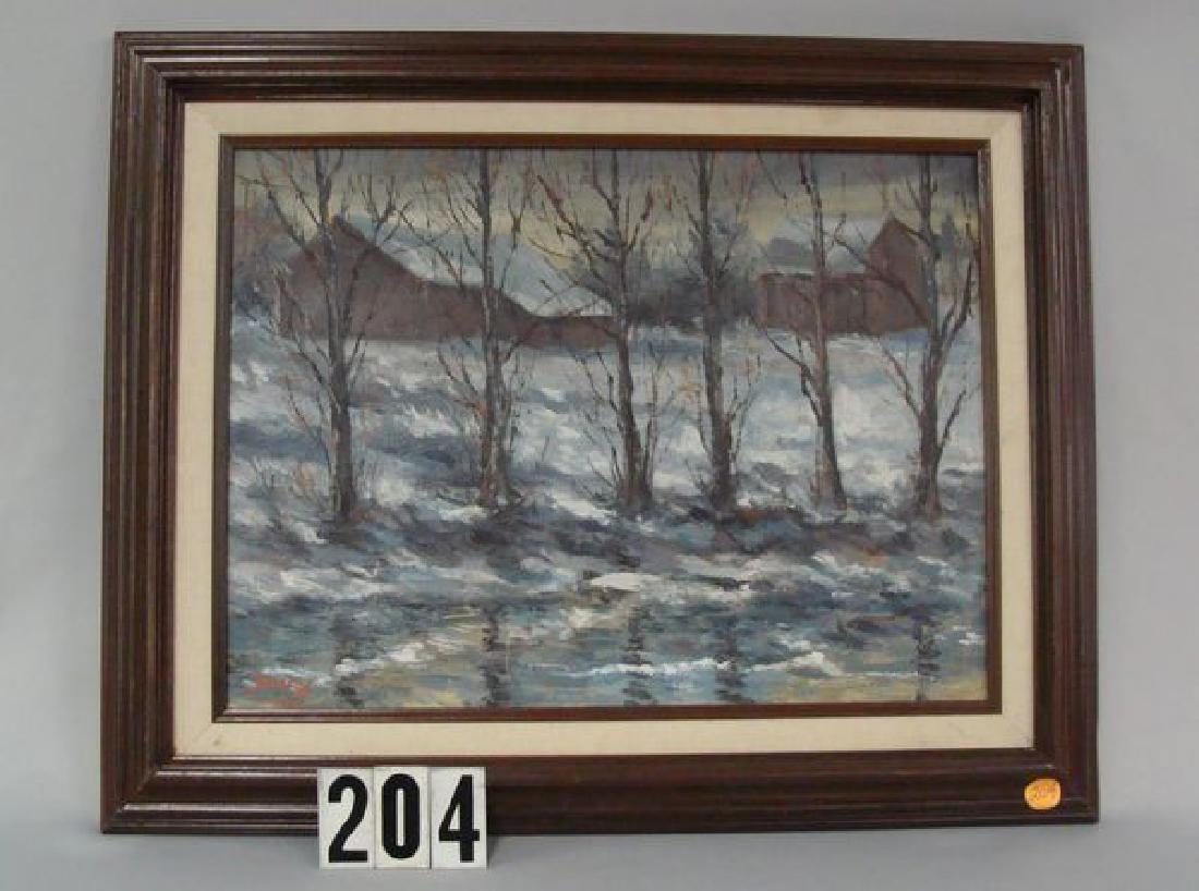 FRAMED OIL PAINTING ON CANVAS BOARD,: SNOWY WINTER SCENE WITH BARN & OUTBUILDING, BY BOB DONEY, SIGNED DONEY LOWER LEFT - 12 IN. X 16 IN. - GOOD