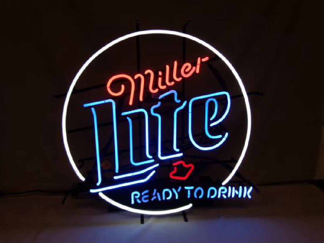 NEON LIGHT: MILLER LITE- READY TO DRINK -: 25 1/2 IN. X 26 IN., WORKING CONDITION WITH ORIGINAL BOX