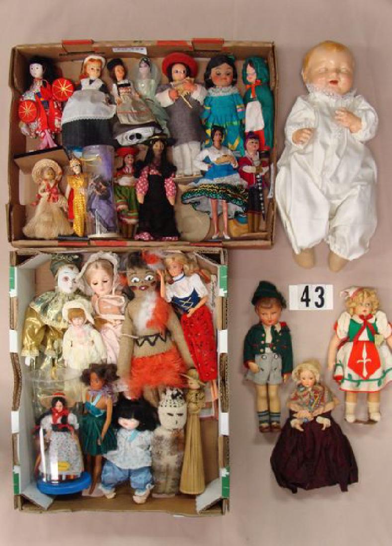 (3) BOX LOTS OF ASSORTED DOLLS: INCLUDES GOEBEL 11 IN.: INCLUDES GOEBEL 11 IN. ALL COMPO BOY, 'TRIESTE' (ITALY), 10 1/2 IN. COMPO FACE GIRL WITH CLOTH BODY, FRENCH 9 1/2 IN. COMPO POUPEES CADETTE, EFFANBEE 18 IN. BUBBLES - AS FOUND & (24) ASSTD. ETHNIC & C