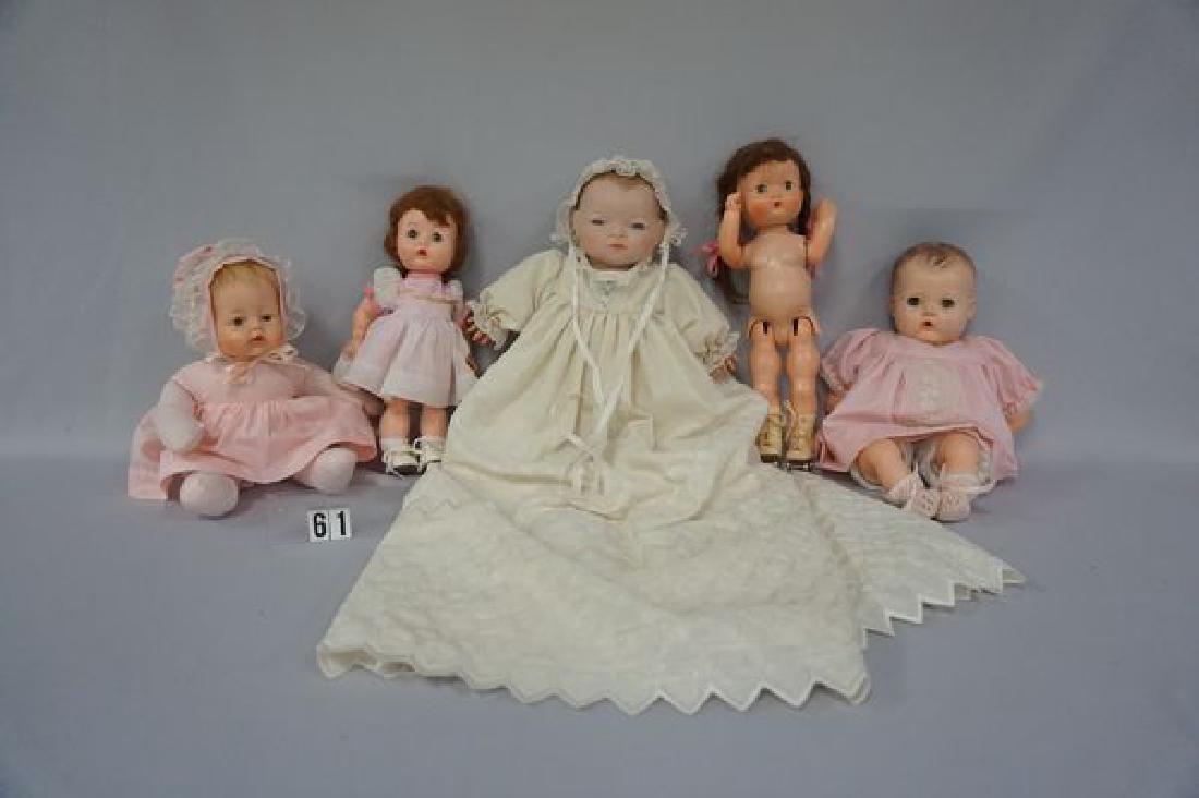 (5 PCS) RODDY 11 1/2 INCH HARD PLASTIC GIRL (WITHOUT: (WITHOUT CLOTHES) ON ROLLER SKATES, R&B 10 1/2 INCH HARD PLASTIC GIRL WITH WEAR MARKS ON LEGS, AM. CHAR. 14 IN. TINY TEARS, 11 IN. EFFANBEE BABY WITH CRY BOX & 12 IN. BISQUE BYE-LO BABY (REPRO) WITH C