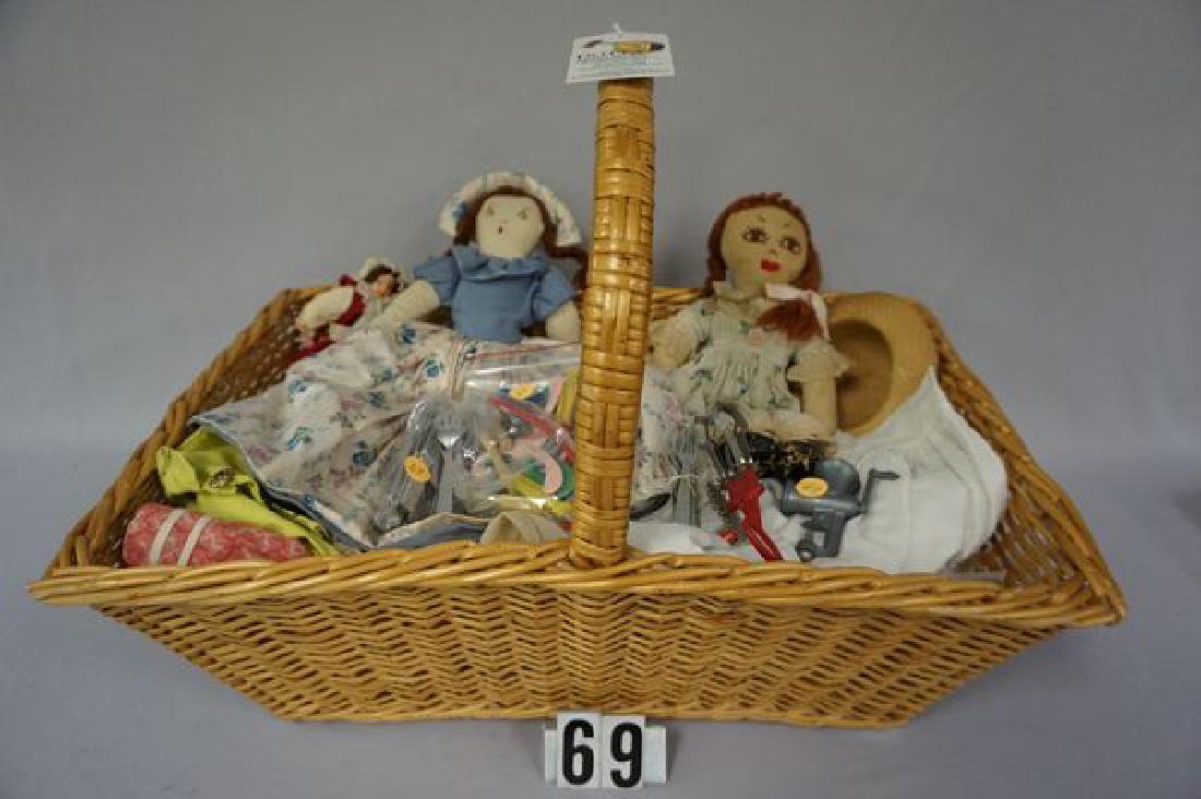 WILLOW BASKET WITH HANDLE WITH ASSTD. DOLL CLOTHES, (1 of 2)