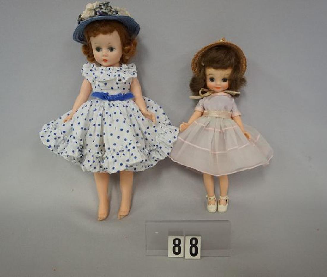 (2 PCS) MISS REVLON: 9 INCH BLUE POLKA DOT DRESS WITH: DRESS WITH BLUE HAT & FLOWERS, NEEDS SHOES & 8 IN. IN ORGANDY DRESS WITH STRAW BONNET, LOWER END OF LEFT LEG WITH SLIGHT DAMAGE TO PLASTIC, SHOES NOT ORIGINAL - GOOD