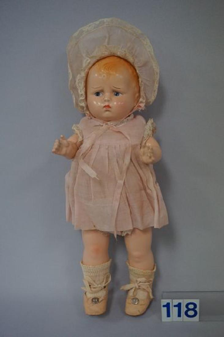 EFFANBEE ALL COMPO JOINTED BABY GRUMPY, ALL ORIGINAL,: ALL ORIGINAL, COMPO SPLITS & SMALL CRACKS AT TOP OF HEAD & COMPO SPLITS AT TOP OF LEFT THIGH OTHERWISE THE COMPO IN MOST ALL OTHER AREAS IS VERY GOOD TO EXCELLENT, OUTFIT IS TAGGED