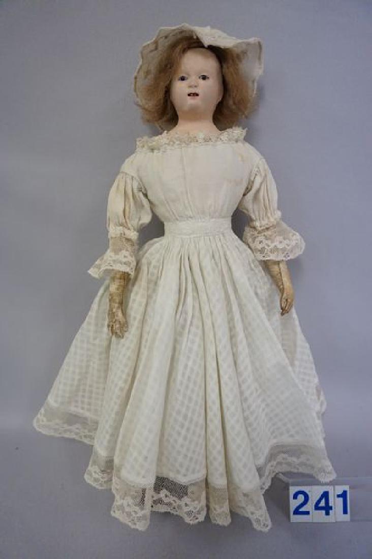 15 INCH FRENCH PAPIER MACHE & WAX DOLL WITH PAINTED: WITH PAINTED HAIR & WIG, GLASS INSET EYES, OPEN MOUTH WITH TWO TEETH, LEATHER BODY & LIMBS - GOOD