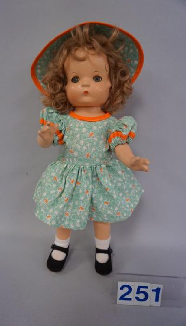 EFFANBEE 12 INCH COMPO PATSY JR. WITH SLEEP EYES, BLACK: WITH SLEEP EYES, BLACK SCUFF ON LEFT SIDE OF HEAD, TWO COMPO SPLITS ON REAR OF HEAD, REDRESSED, OVERALL COMPO IS IN VERY GOOD CONDITION (PINKIE REPAIRED ON LEFT HAND) - VERY GOOD
