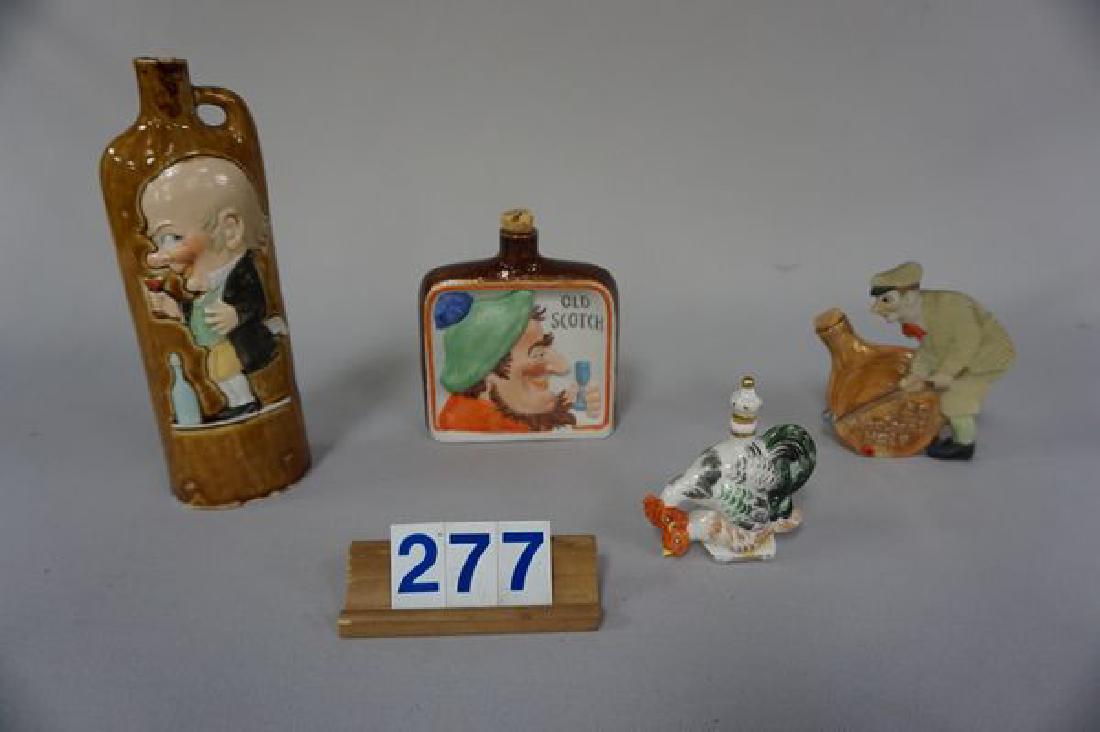 (3) SCHAFER & VATER FIGURAL PORCELAIN & BISQUE FLASKS: & BISQUE FLASKS (3 3/4 IN, 4 IN. & 7 IN.) & (1) PORCELAIN SCENT BOTTLE (ROOSTER & HEN) WITH ORIGINAL STOPPER, 2 3/4 IN. H, ANCHOR MARK ON BASE