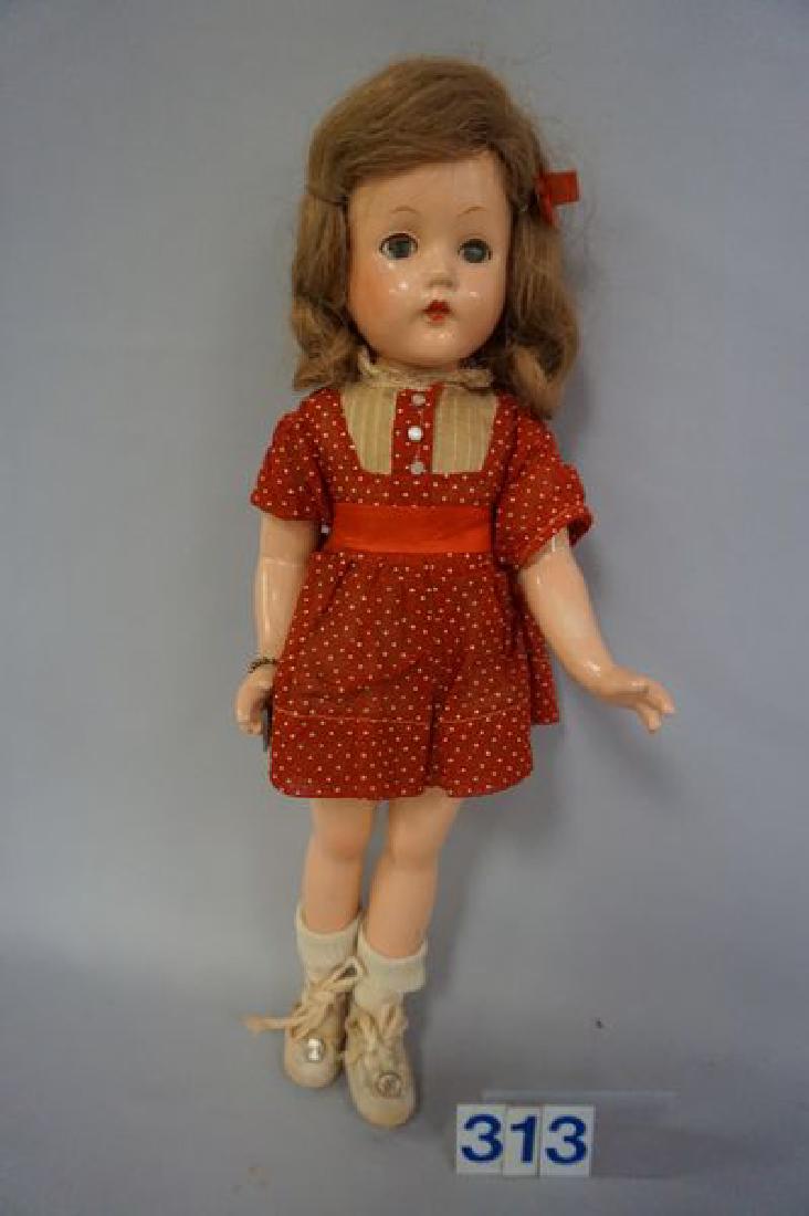 EFFANBEE 14 INCH ALL COMPO SUZANNE WITH WRIST: WITH WRIST TAG/BRACELET, ALL ORIGINAL IN RED DRESS WITH WHITE POLKA DOTS, SOME PAINT WORN ON TIPS OF FINGERS ON LEFT HAND - VERY GOOD