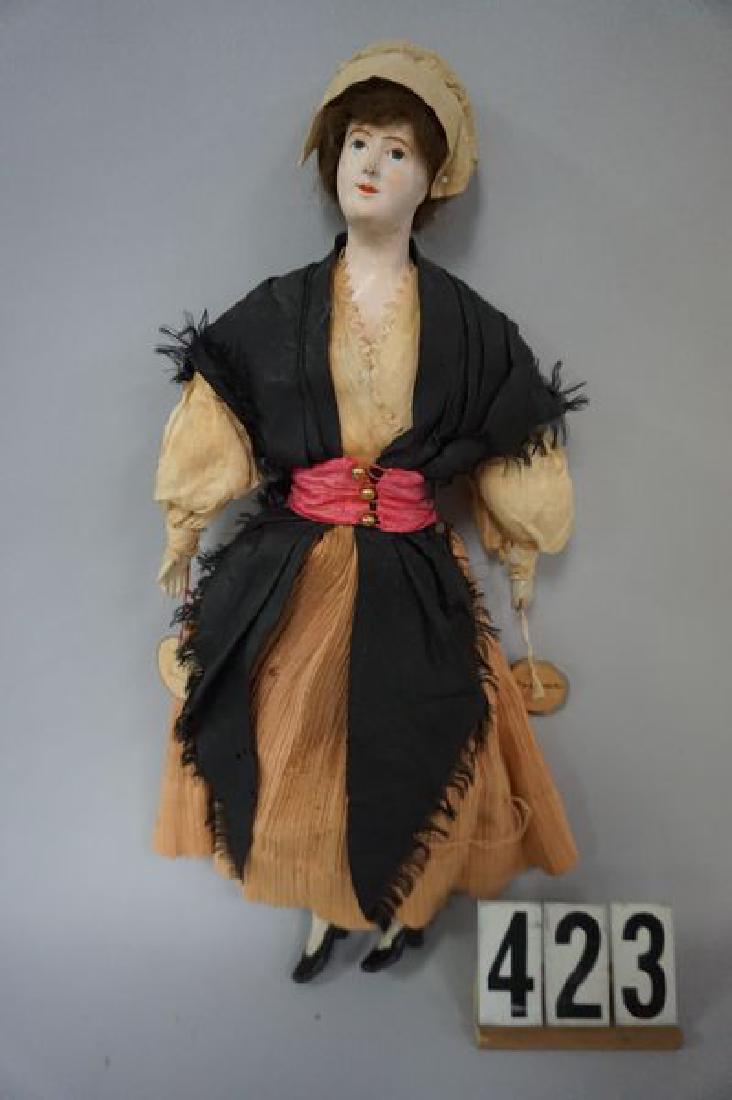FRENCH 15 INCH PAPIER MACHE SHOULDER HEAD GIRL, CLOTH: HEAD GIRL, CLOTH BODY, COMPO TYPE HANDS & LEGS WITH MOLDED SHOES, ORIG. OUTFIT - GOOD