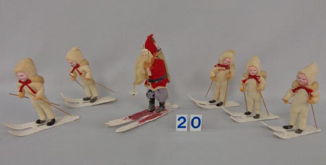 (5) ANTIQUE SPUN COTTON SKIER'S: WITH PAPER MACHE FACES, MADE IN OCCUPIED JAPAN - GOOD & A VINTAGE SANTA ON SKI'S WITH SPUN COTTON BEARD, PAPER MACHE FACE, MADE IN OCCUPIED JAPAN (SOME PAINT LOSS ON BOOTS) - GOOD