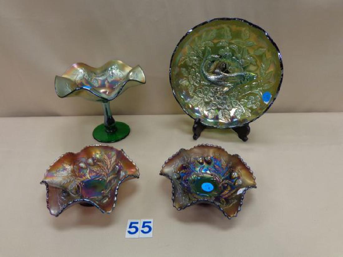 CARNIVAL GLASS: GREEN 'GRAPE LEAVES': 5 3/4 IN. H COMPOTE - GOOD, A GREEN 'BIG FISH' 8 IN. ROUND BOWL - GOOD & (2) AMETHYST 'WILD STRAWBERRY' 6 IN. W BOWLS - GOOD