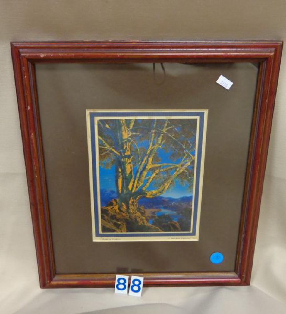 MAXFIELD PARRISH PRINT ENTITLED: 'EVENING SHADOWS', SOME STAINS AROUND THE BORDERS, ONE SPOT ON THE PICTURE HAS A LITTLE WEAR - GOOD