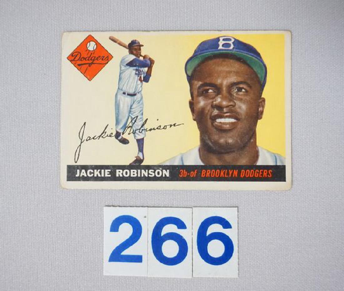 1955 TOPPS #50 JACKIE ROBINSON,: SLIGHT WRINKLE ON FRONT SIDE AT BRIM OF HAT, SMALL MOISTURE STAIN AT BOTTOM RIGHT CORNER - FAIR