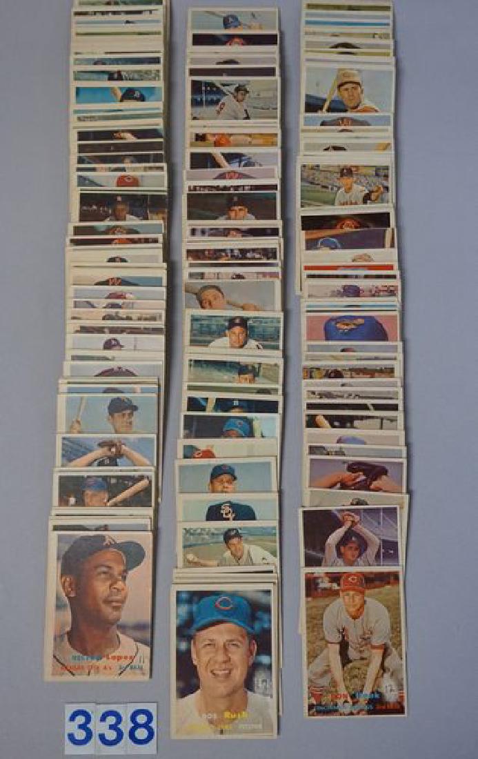 (168) 1957 TOPPS BASEBALL CARDS,: UNFORTUNATELY EACH CARD HAS AN ERASURE MARK ON FRONT OF EACH CARD & PLAYERS UNIFORM NUMBER WAS INSERTED IN THIS AREA, OTHERWISE CARDS WOULD GRADE VG/EX, SOME BETTER, SOME LESSER