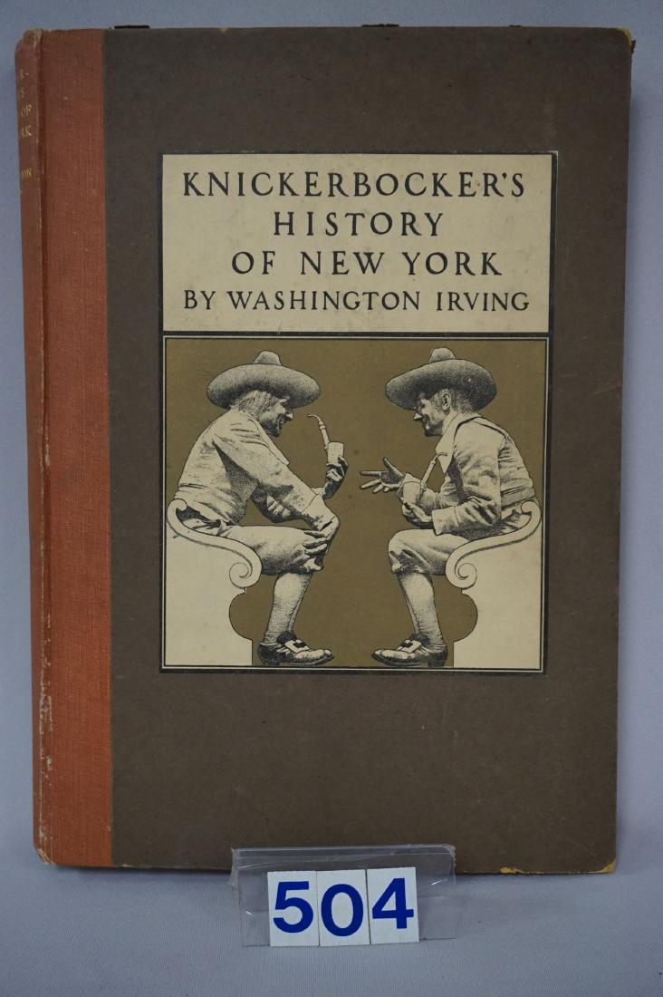 BOOK: KNICKERBOCKER'S HISTORY: OF NEW YORK BY WASHINGTON IRVING WITH EIGHT PICTURES BY MAXFIELD PARRISH, COPYRIGHT 1900, BOOK IS INTACT & SHOWS AGE & WEAR ON FRONT & BACK CORNERS AS WELL AS 'NIBBLING' ON BOTTOM EDGE OF THE REAR COV
