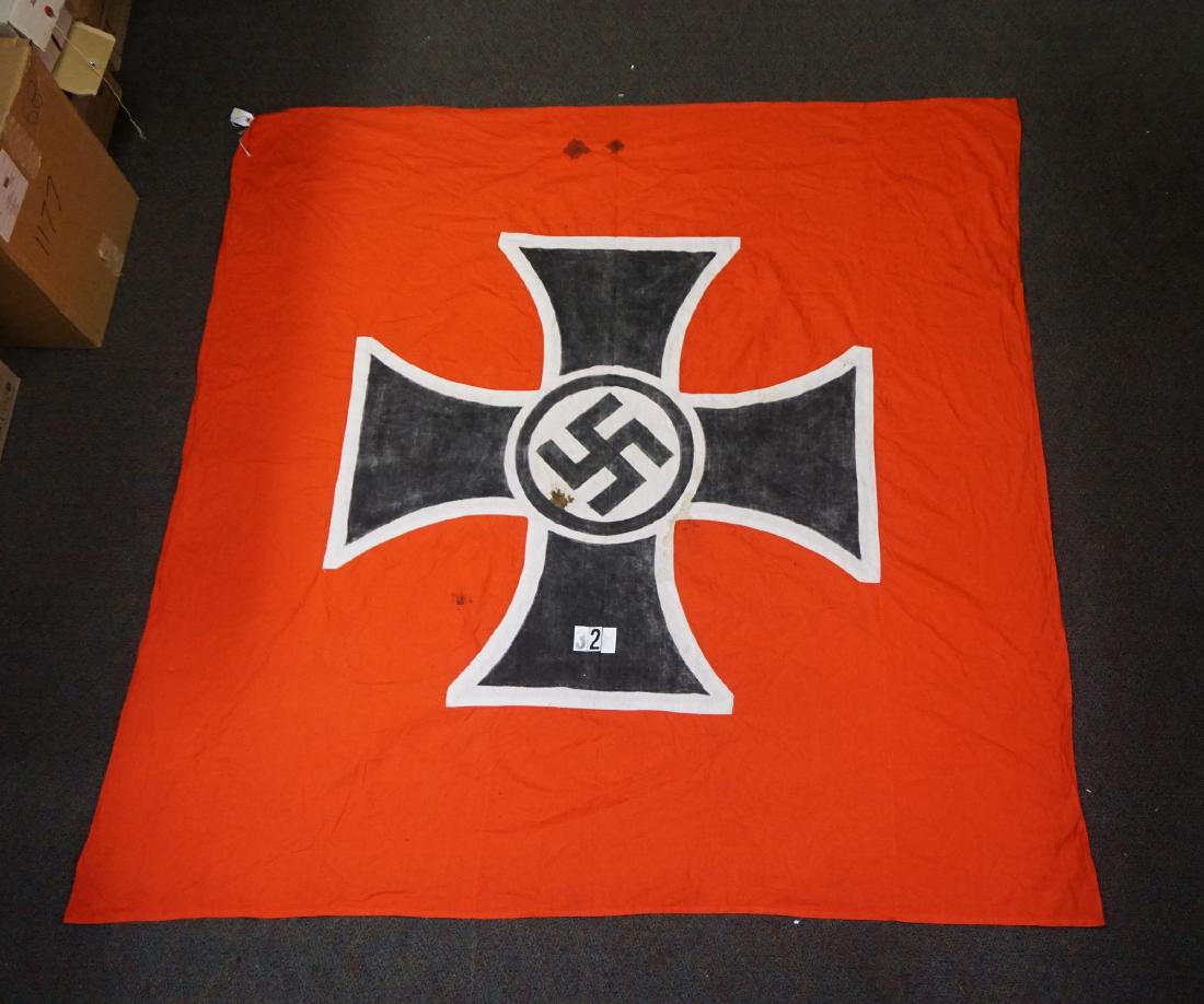 DEUTSCHE FRONT SOLDATEN BUND FLAG,: WHICH WAS THE SOLE VETERANS ORGANIZATION AFTER 1934, APPROX. 6 IN. X 6 IN., PARTIALLY PAINTED, APPLIED DESIGN, STAINS IN SEVERAL AREAS, SOME FADING - AS FOUND
