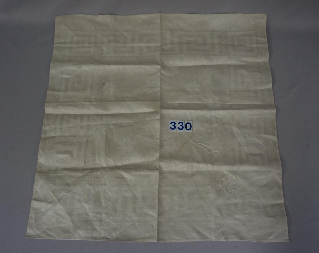 ADOLF HITLER LARGE LINEN DINNER NAPKIN: WITH EMBROIDERED EAGLE & A.H. MONOGRAM, CAME FROM THE BERGHOF, BASIC DESIGN WITH GREEK PATTERN, 23 1/2 IN, 23 1/4 IN., HAS SOME LIGHT STAINS WHICH SHOULD BE ELIMINATED WITH PROPER CLEANING - VERY GOOD