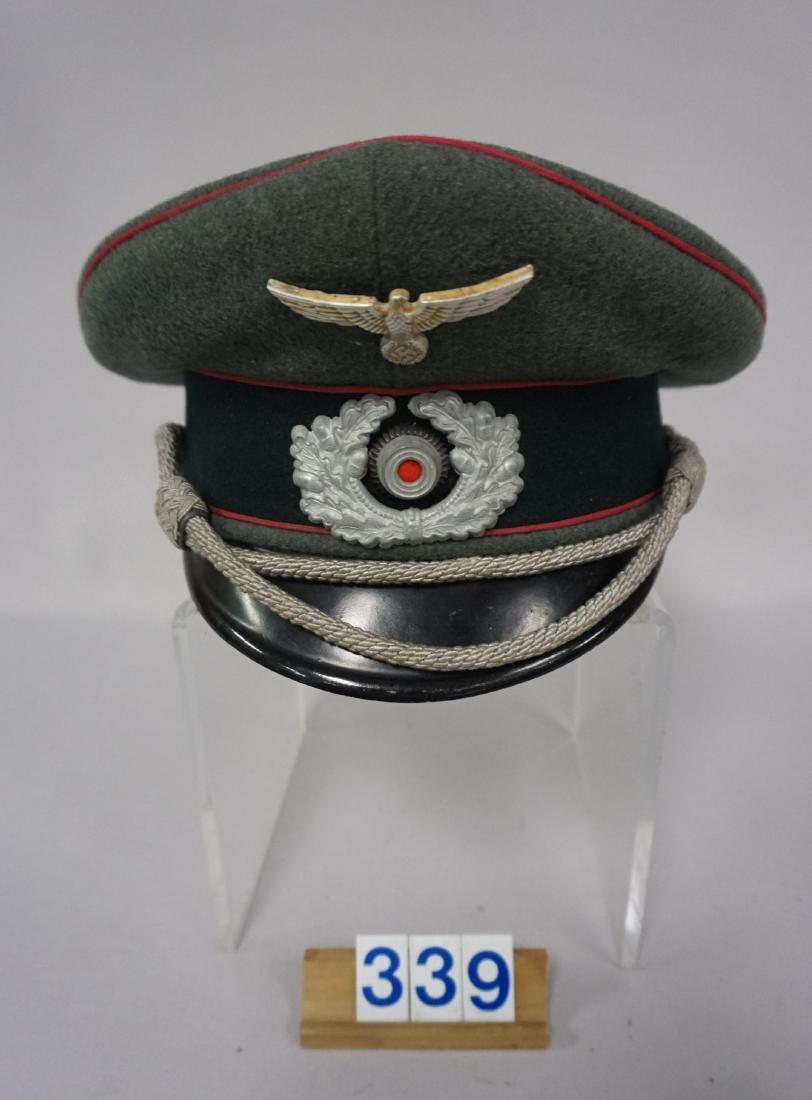 PANZER OFFICER VISOR: FIELD GREY WOOL, DARK PINK PIPING, OUTSIDE IS VERY GOOD BUT ERSTAZ LEATHER LINER PARTIALLY BROKEN & MISSING - GOOD TO VERY GOOD