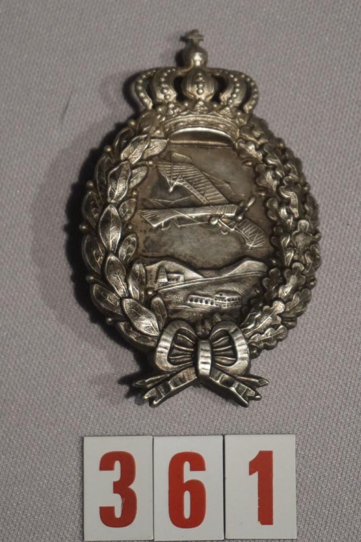 BAVARIAN HOLLOW BACK PILOT BADGE,: OPEN CROWN, NARROW PIN, SILVER, NO MAKERS MARK, PATINA - VERY GOOD