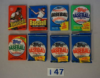 (5) UNOPENED BASEBALL TOPPS WAX PACKS: & (3) UNOPENED FOIL PACKS (MICHIGAN): (1) 1977, (1) 1978, (1) 1980, (1) 1981, (1) 1982 & (3) FOIL 1983 - CARDS N.MT, WAX WRAPPERS HAVE SOME WEAR ON CORNERS, FOIL PACKS N.MT