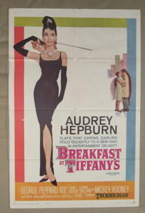 BREAKFAST AT TIFFANY'S - 1961,: THE CLASSIC 1961 BLAKE EDWARDS ROMANTIC COMEDY - NOTE: ALL POSTERS IN THIS AUCTION ARE FROM A GENTLEMAN WHO WORKED AT THE SAUCONIA THEATRE, HELLERTOWN, PA FROM 1940'S TO THE EARLY 1970'S. HE THEN