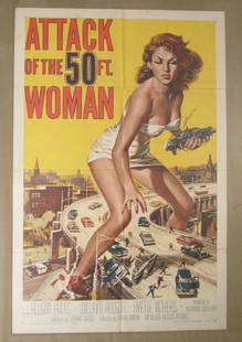 ATTACK OF THE 50 FOOT WOMAN - 1958: ONE SHEET - FULLY FOLDED, SOME STAPLE HOLES (DESIREABLE & HARD TO FIND ORIGINAL POSTER) - FINE